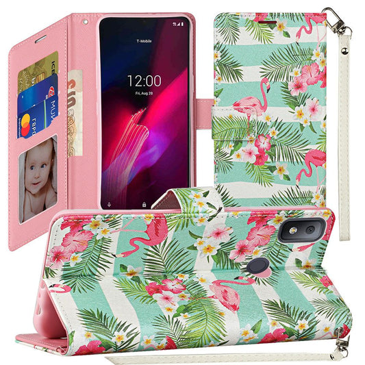 GSA Flamingo Design Fashion Flip Wallet for Revvl 4 - Pink/White/Teal