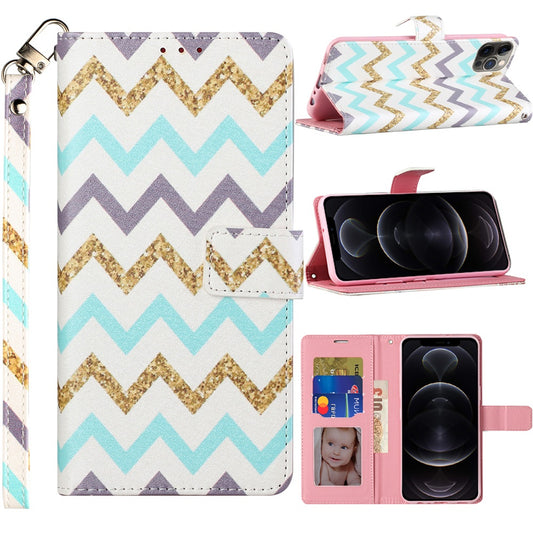 GSA Zigzag Design Wallet Case For iPhone 12 &12 Pro (6.1") - Teal/Gold/Purple