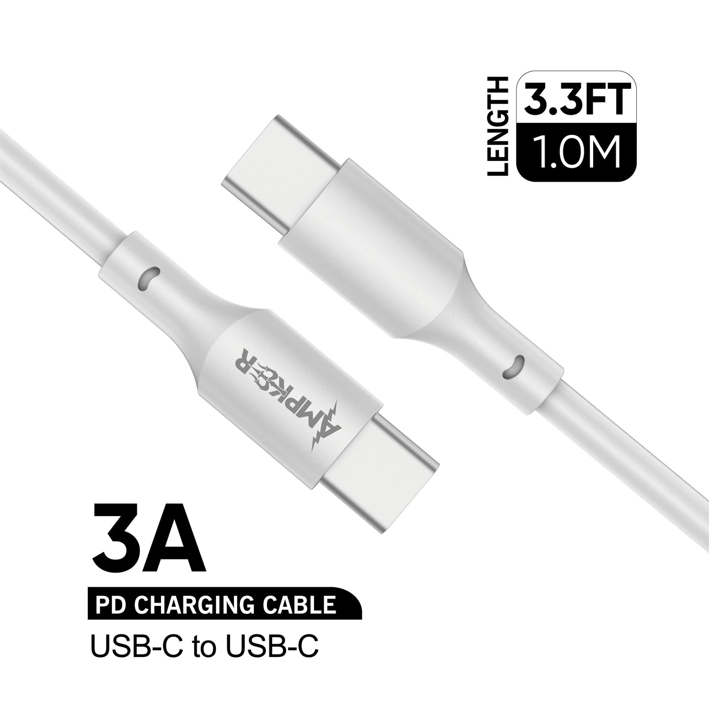 Universal TYPE C to TYPE C PD 3A Charging Cable - 3.3FT/1M - White