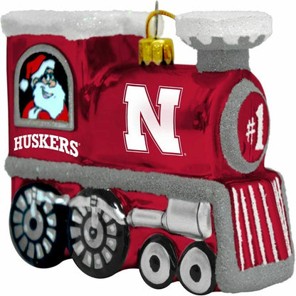 TS NCAA Nebraska Cornhuskers Blown Glass Santa & Rudolph Train Ornament