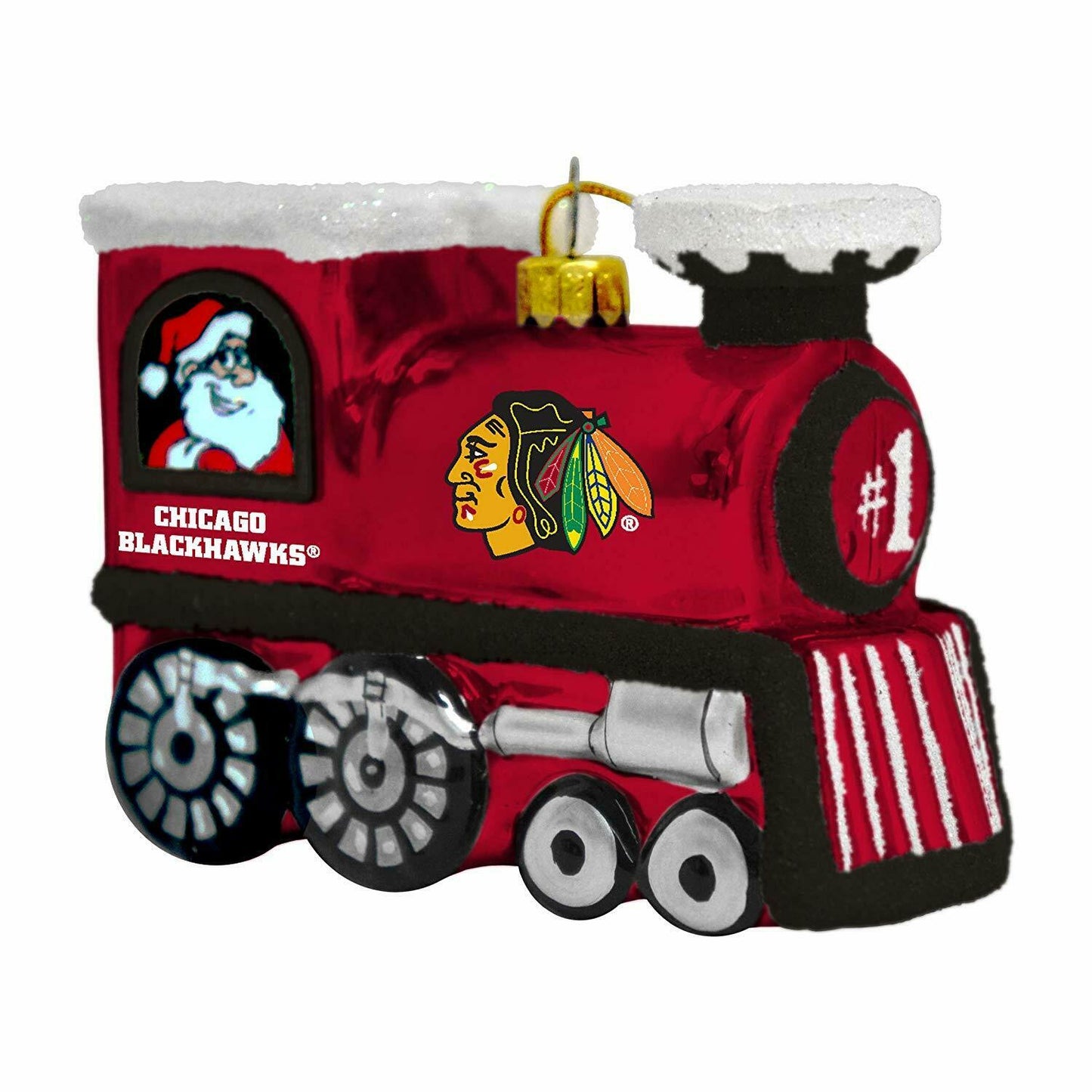BB NHL Chicago Blackhawks Blown Glass Santa Claus & Rudolph Train Ornament