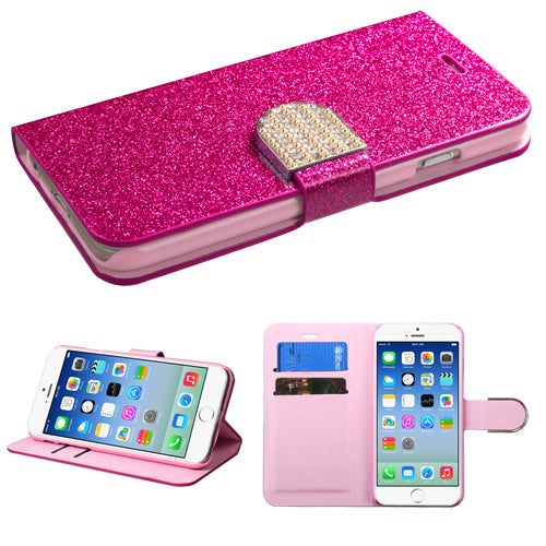 Asmyna Glitter Wallet Case For iPhone 6 and 6s (4.7") Hot Pink/Gold